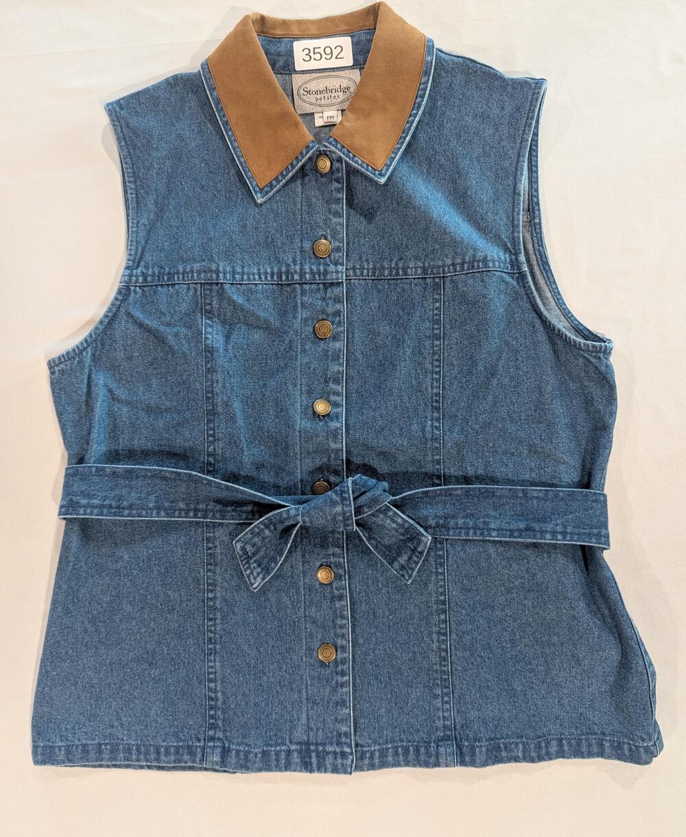 Stonebridge Petites Vest Womens PM Blue Denim Button Front Belted Collar Casual